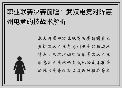 职业联赛决赛前瞻：武汉电竞对阵惠州电竞的技战术解析