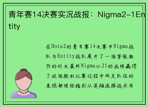 青年赛14决赛实况战报：Nigma2-1Entity